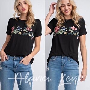 Floral Embroidery Accent Tee